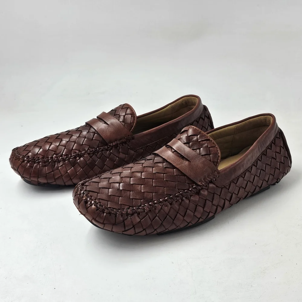 Robert Zur San Tropez Woven Leather Penny Loafers Cognac Mens Size 8 Driver